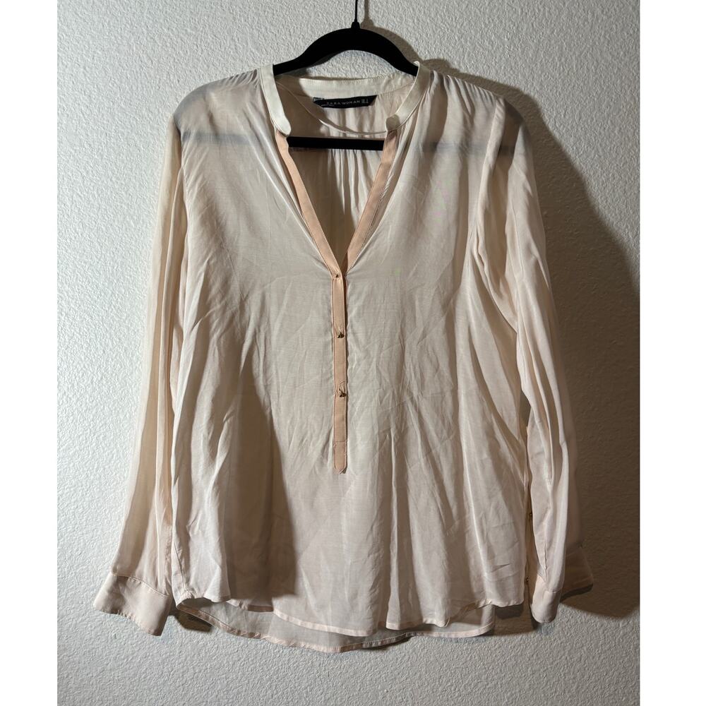 Zara Woman Size S Cream Semi-Sheer Popover Split V-Neck Long Sleeve Top
